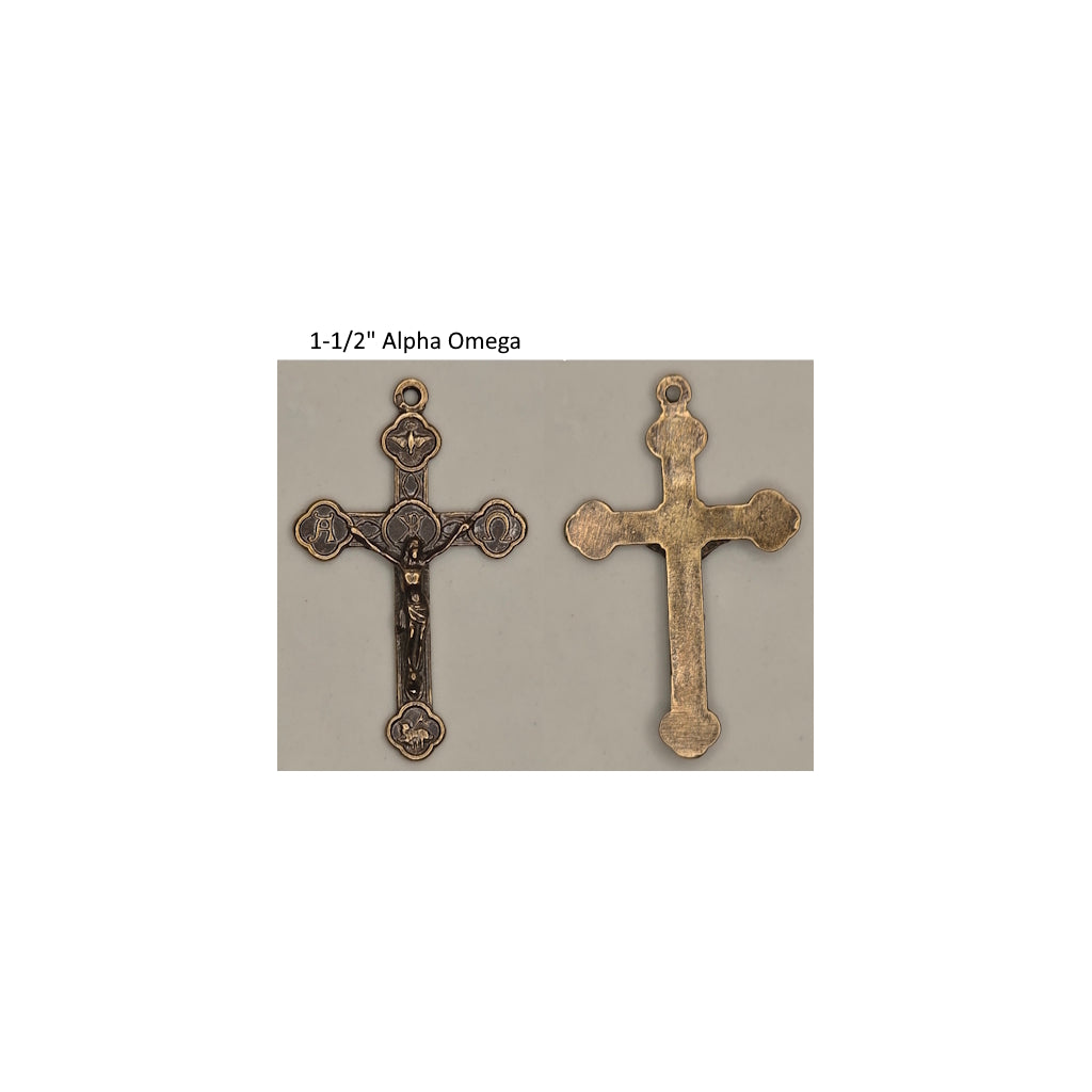 Front and back of a rosary center on a white background with text '1-1/2" Alpha Omega'.