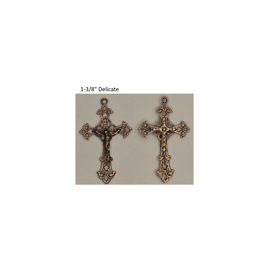 Front and back of a rosary center on a white background with text '1-3/8" Delicate'.