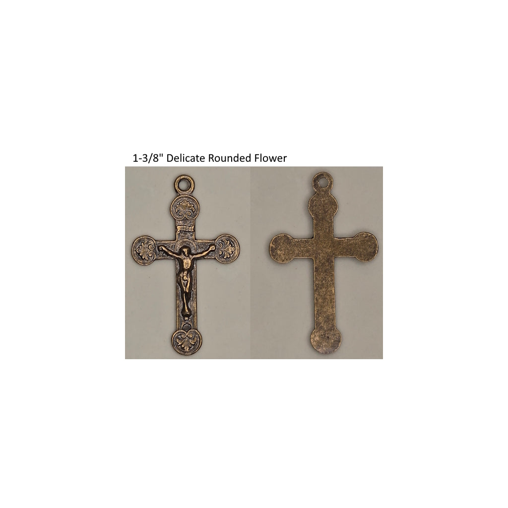 Front and back of a rosary center on a white background with text '1-3/8" Delicate Rounded Flower'.