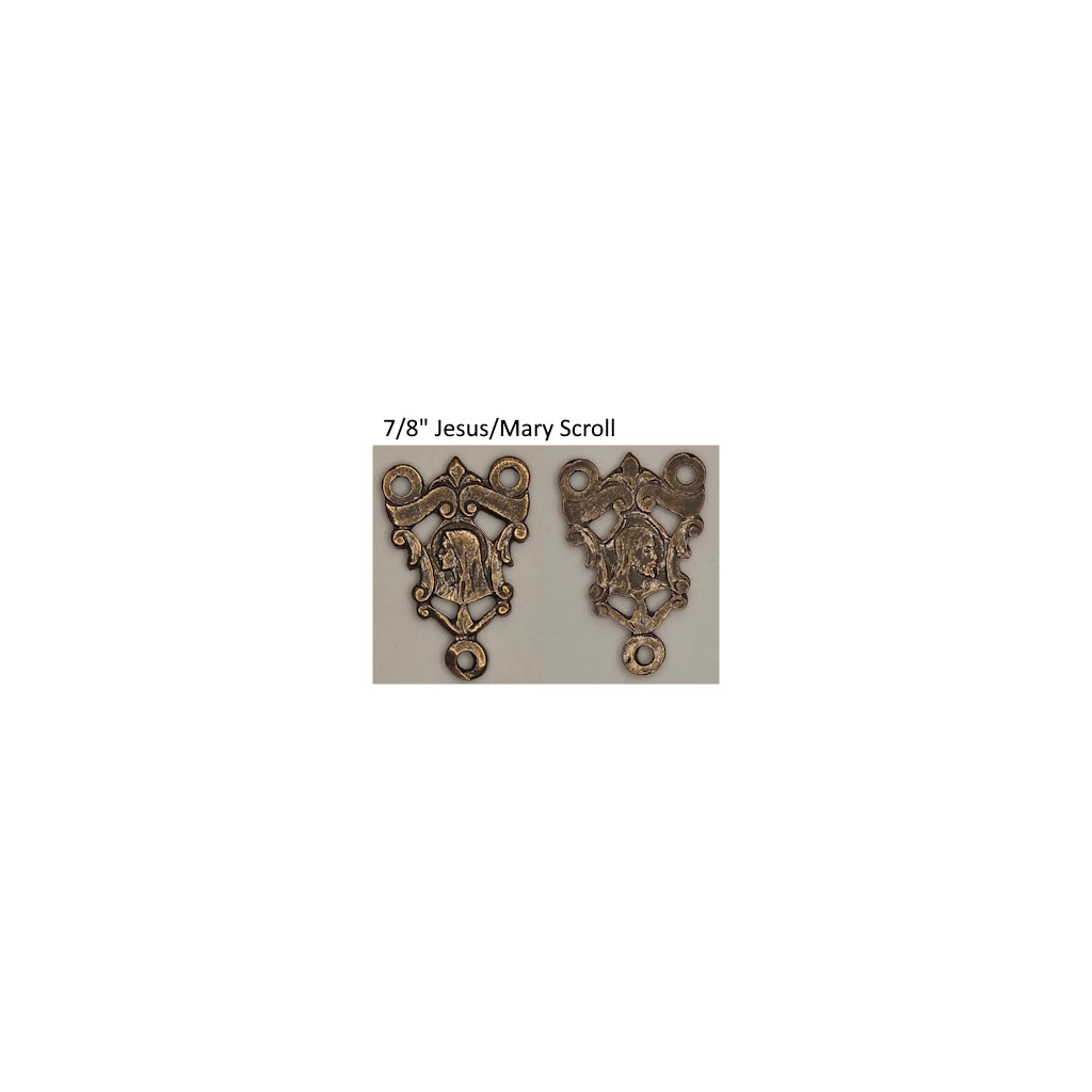 Front and back of a rosary center on a white background with text '7/8" Jesus/Mary Scroll'.