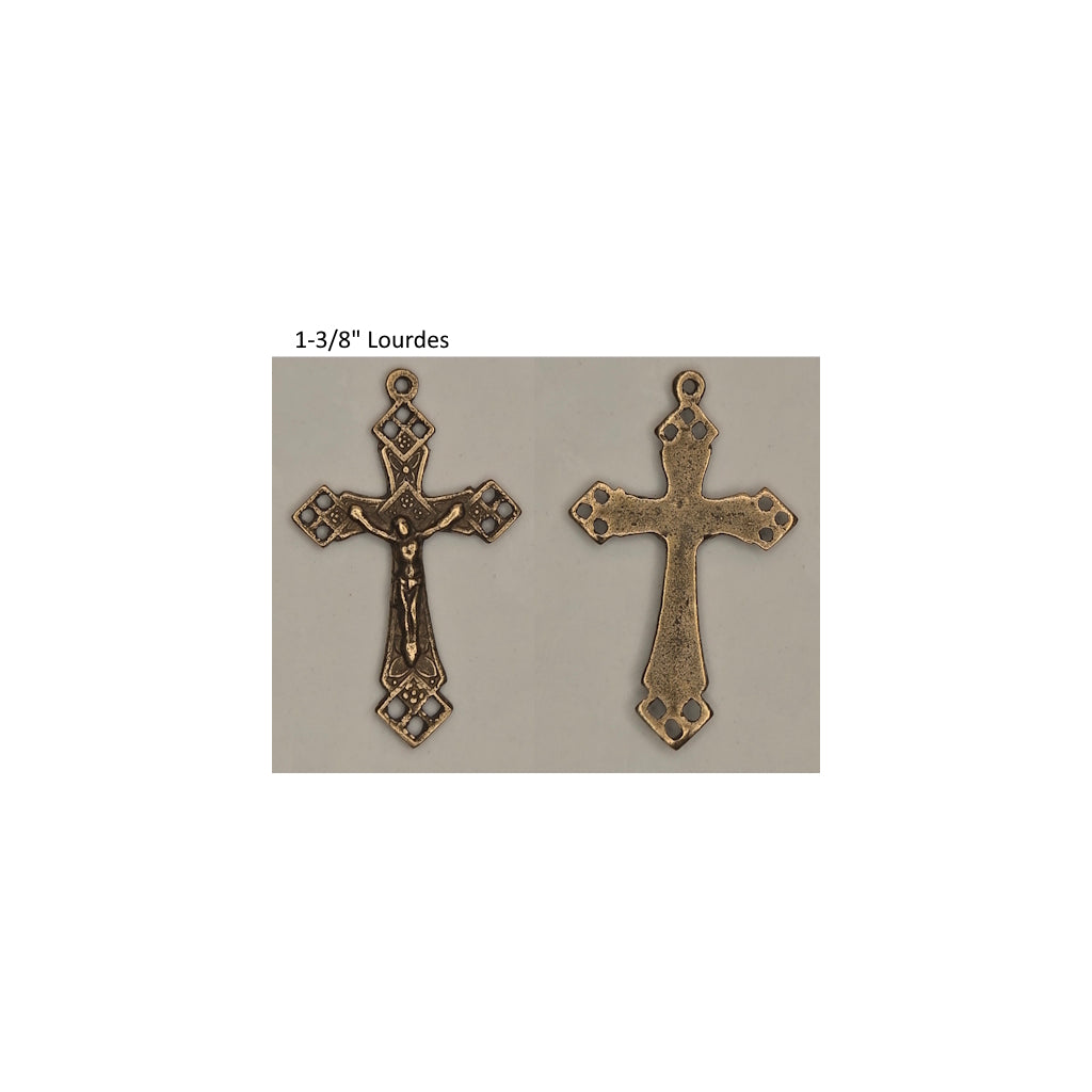 Front and back of a rosary center on a white background with text '1-3/8" Lourdes'.
