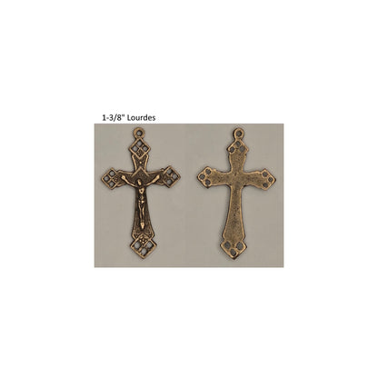 Front and back of a rosary center on a white background with text '1-3/8" Lourdes'.