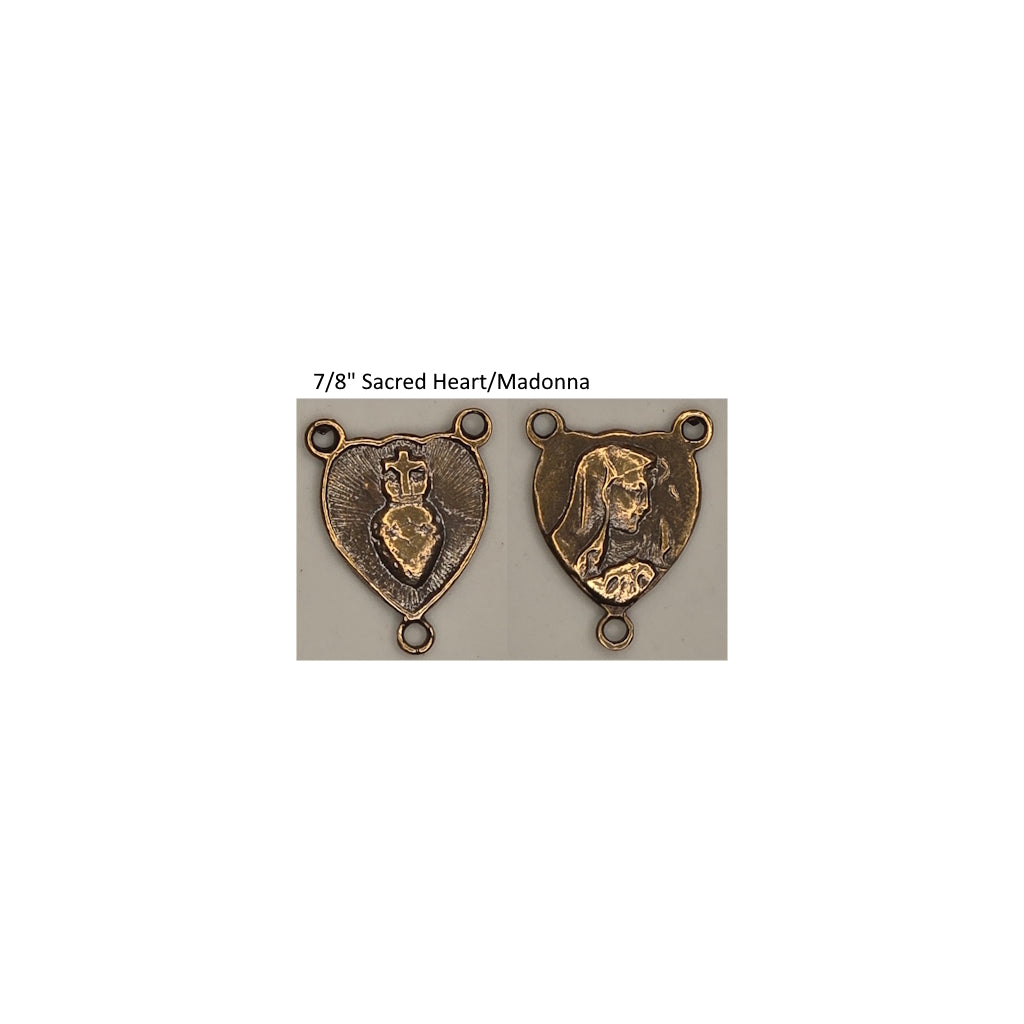 Front and back of a rosary center on a white background with text '7/8" Sacred Heart/Madonna'.
