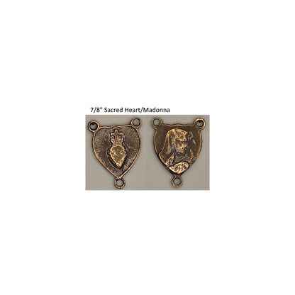 Front and back of a rosary center on a white background with text '7/8" Sacred Heart/Madonna'.