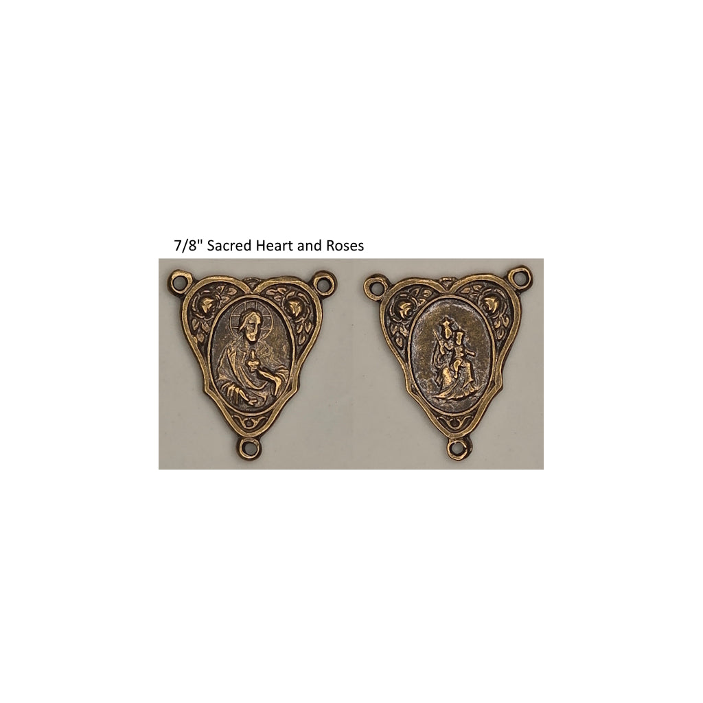 Front and back of a rosary center on a white background with text '7/8" Sacred Heart and Roses'.