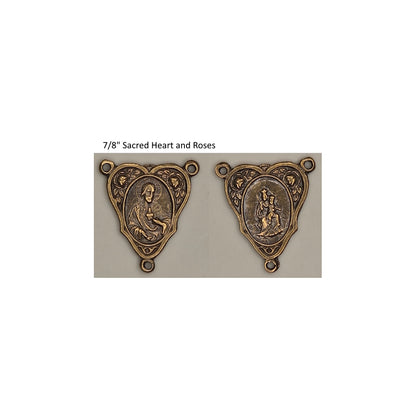 Front and back of a rosary center on a white background with text '7/8" Sacred Heart and Roses'.