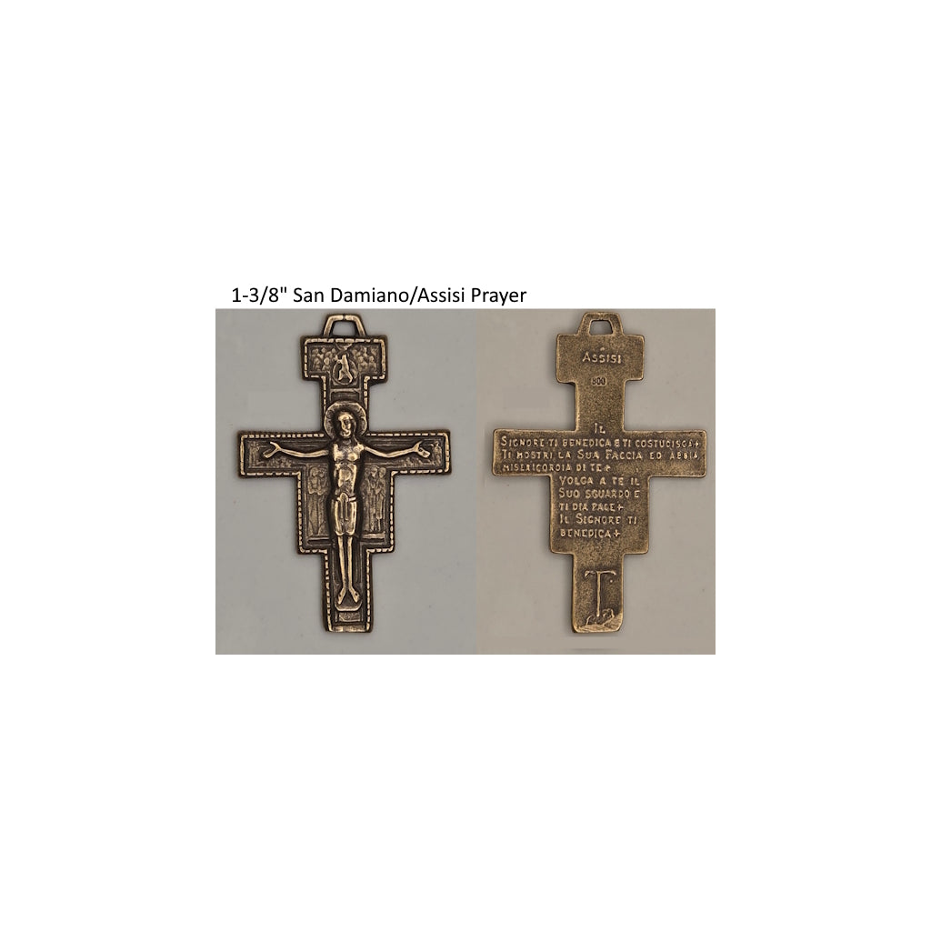 Front and back of a rosary center on a white background with text '1-3/8" San Damiano/Assisi Prayer'.